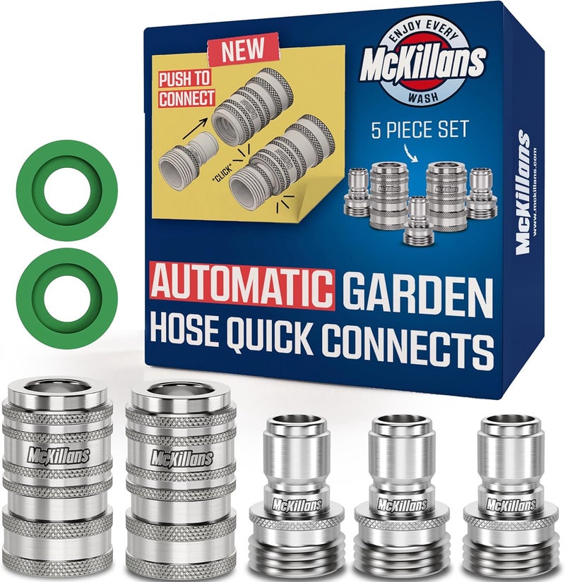 McKillans ® 2025 Automatic Garden Hose Quick Connect [UNIVERSAL FIT] - Stainless Steel Quick Connect Hose Fittings - Water Hose Connectors - Quick Disconnect Adapter - INSTANT CONNECTION - 5 Pc Kit - Image 1